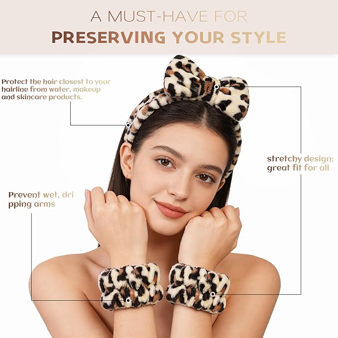 Ayesha Spa Headband and Wristband Set for Skincare Washing Face,Cheetah print Makeup Headband Wrist Cuffs for Preppy Skincare Women Girl