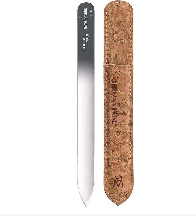 GERMANIKURE Glass Nail File in Cork Sleeve - Books and Coffee - Professional Crystal Nail File for Natural Nails - Ideal Manicure & Pedicure Tool for Smooth, Easy Shaping - Nail Care Gift