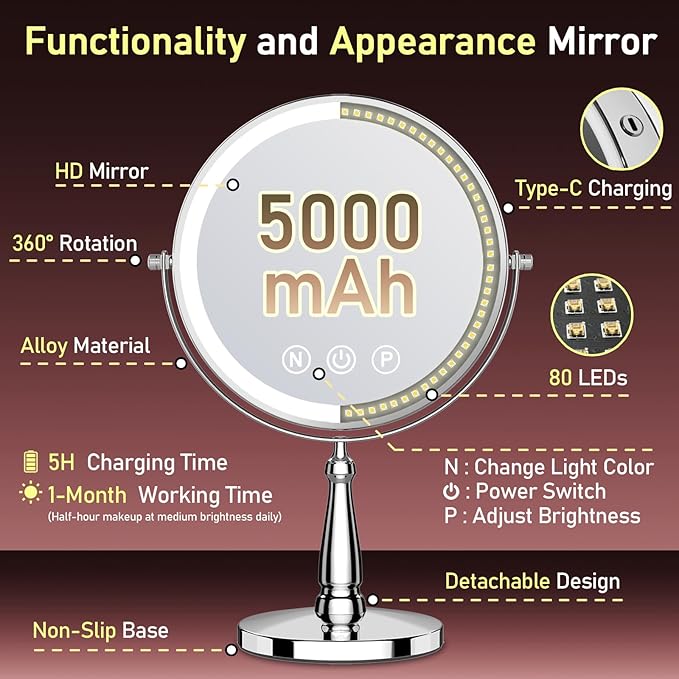 Vanity Mirror with Lights, 9'' Lighted Makeup Mirror, 1X/20X Double Sided Magnifying Mirror, 5000mAh Rechargeable, 3 Color Dimmable LED, 360° Rotation Desk Mirror for Makeup & Skincare