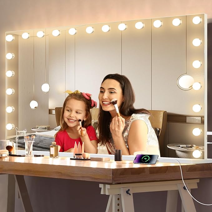 Hollywood Vanity Mirror with Lights, 24 Dimmable Bulbs, 3 Color Lights,Make Up Lighted Mirror, Aluminum Metal Frame, USB Charging Port（48" x 30"）