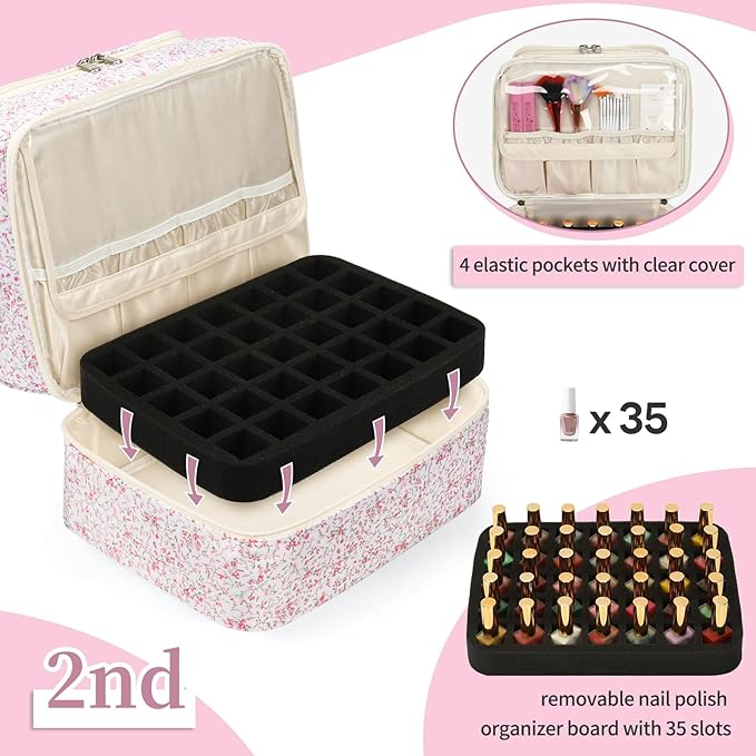 Nail Polish Organizer Bag - Nail Organizers and Storage Case Holds 45 Bottles & Nail Lamp, Travel Nail Tech Carrying Bag for Nail Supplies, Manicure Tools, Nail Kit, Nail Tech Gifts for Women