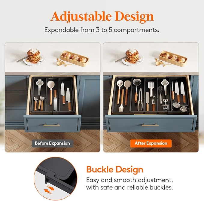 Lifewit Utensil Organizer for Kitchen Drawers, Expandable Cooking Utensil Tray, Adjustable Cutlery Silverware Flatware Holder, Plastic Spatula Tools Storage Divider, 16- 28 x 18.5", Black