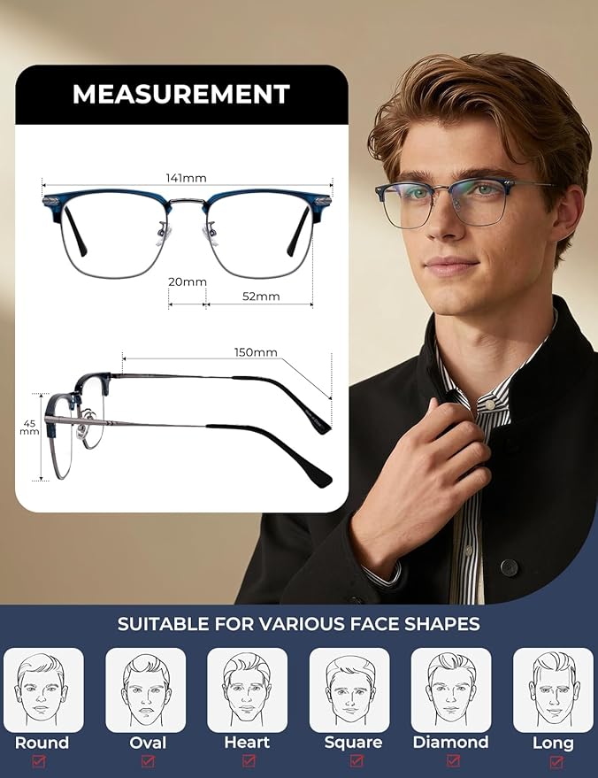 ZanyLen Blue Blocker Glasses for Men Metal Browline Computer Gaming Glasses Filter Blue Ray
