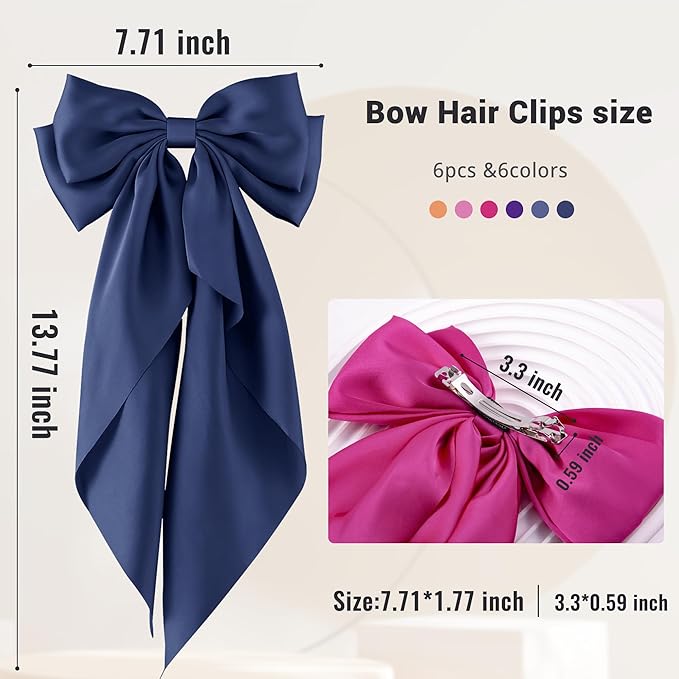 6Pcs Large Bows Hair Clips for Women Girls Long Tail Hair Ribbon Silky Satin Barrettes Coquette Hair Bows Accessories (Pink/Deepblue/Purple/Orange/Hot Pink)