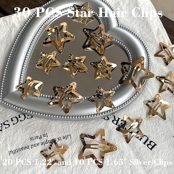 30 PCS Gold Star Hair Clips,20PCS 1.22"Star hair Clip and 10 PCS 1.65"Hair Clip Snap Hair Accessories Non Slip stars Clips for Girls Women gold Accessories Gold Metal Hair Clips
