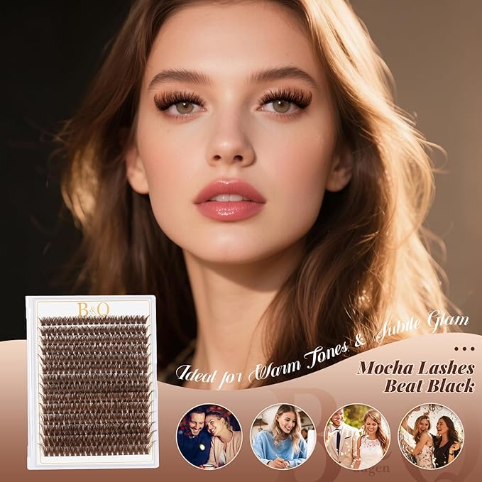 B&Q Mocha Brown Lash Clusters Kit | 280 Pcs Brown Wispy & Natural Eyelash Clusters for Beginner DIY, Complete Lash Extension Kit with Bond and Seal, Fake Eyelashes for Natural Look（80D 10-18mm)