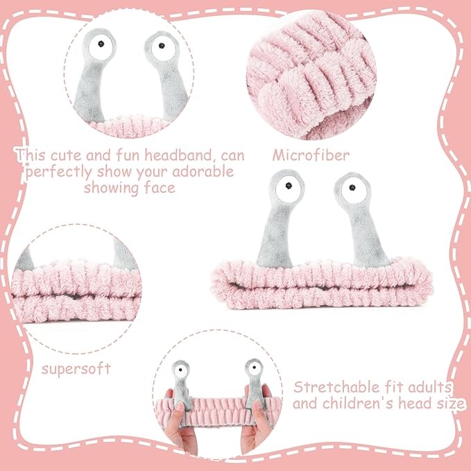 Face Wash Headband, Palm and Snail Spa Hair Bands Makeup Headbands Women Cartoon Cute Coral Fleece Elastic Headband Creative Hair Accessories for Washing Face Shower Sports (Pink&Grey)