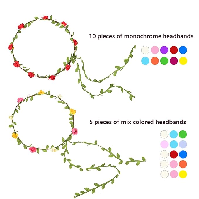 EBOOT 15 Pieces Assorted Colored Flower Crown Wreath Headband Garland Multicolor Headbands Floral Headpiece for Wedding Festival Vacation Fairy Party Photography Props