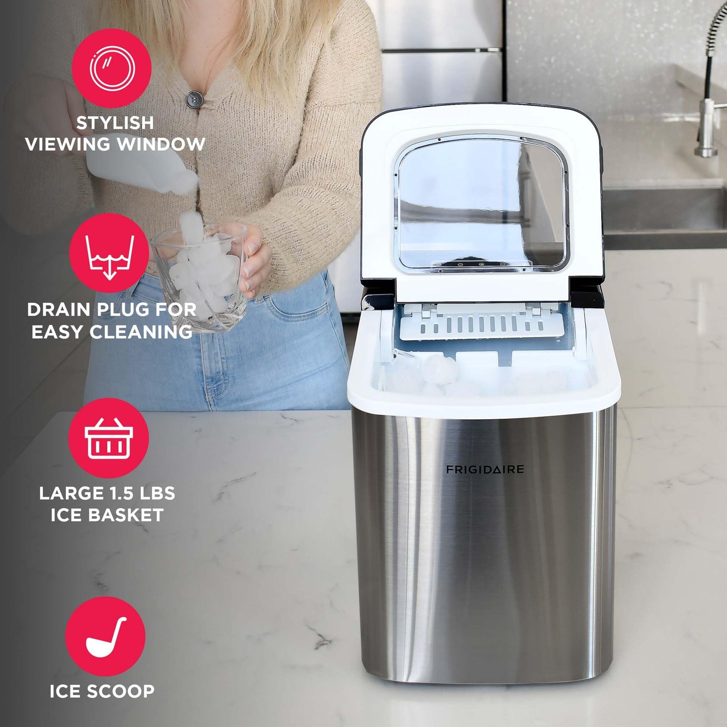 Frigidaire Compact Countertop Ice Maker, Makes 26 Lbs. of Bullet Shaped Ice Cubes Per Day, Silver Stainless