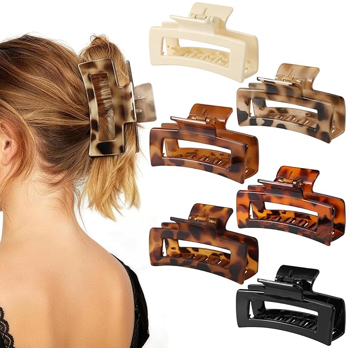 Auseibeely 6 Pack 4.1 Inch Large Claw Clips for Thick Hair, Big Tortoise Shell Claw Clip for Hat, Square Hair Clips for Thick/Long/Curly Hair, Strong Hold Non-slip Baseball Jaw Clip Accessories