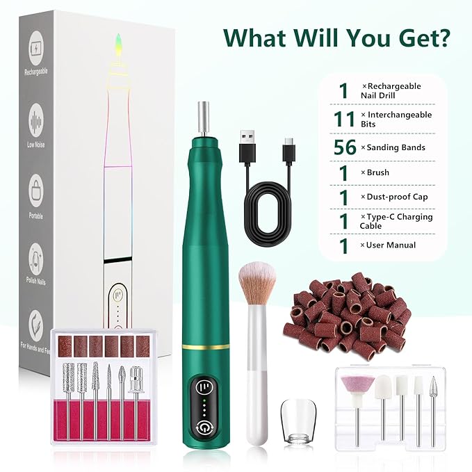 Cordless Nail Drill Electric Rechargeable File Kit, Professional Efile Acrylic Gel Nail Polish Remover Pedicure Manicure Machine Portable Set with 11 Bits 56 Sanding Bands Salon Blackish Green