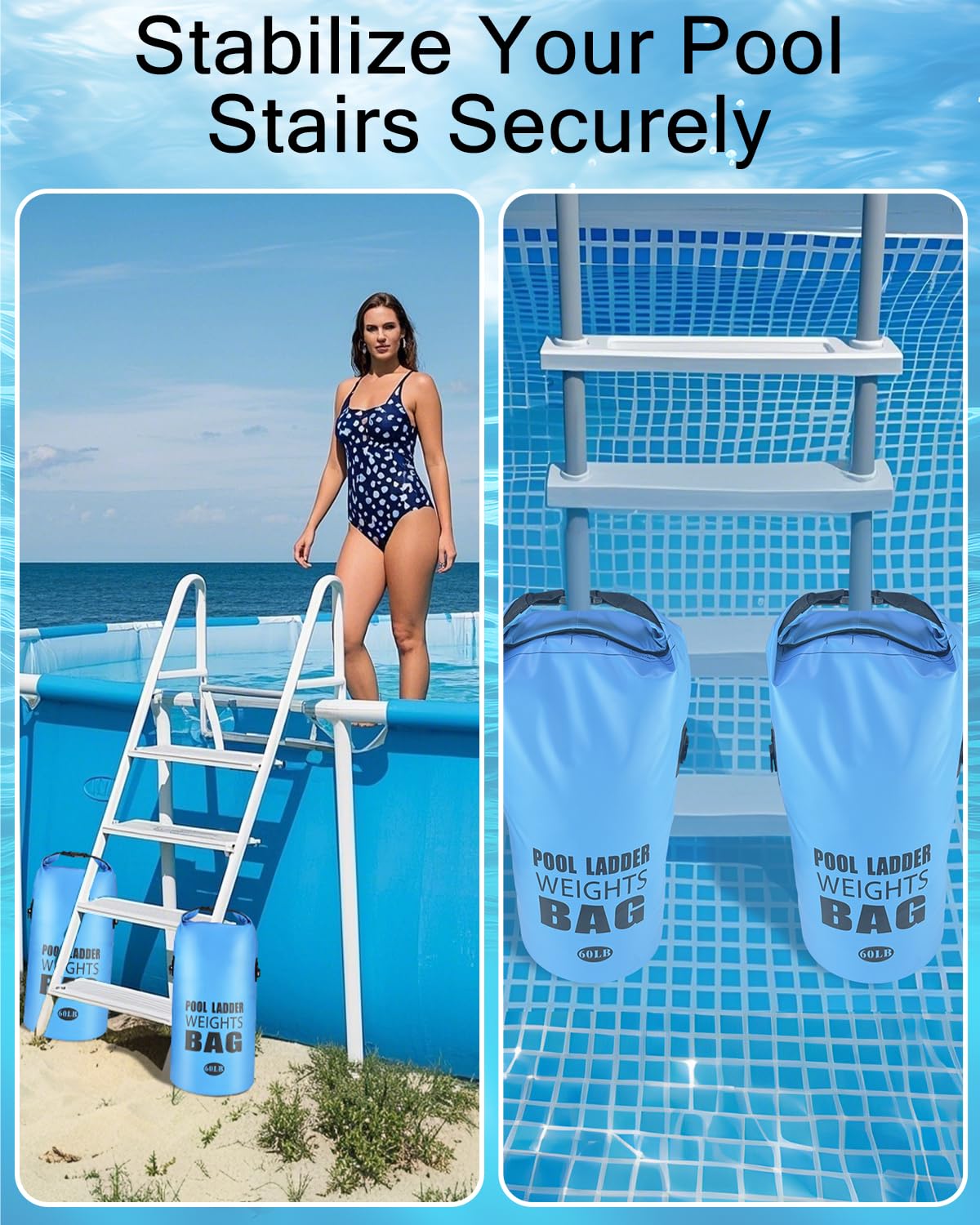 Piemow 2 Pack 25L/60LB Pool Ladder Weights - 500D PVC Waterproof & No Broken Sand Bag with Handle, Above Ground Pool Accessories for Stairs Stabilizing