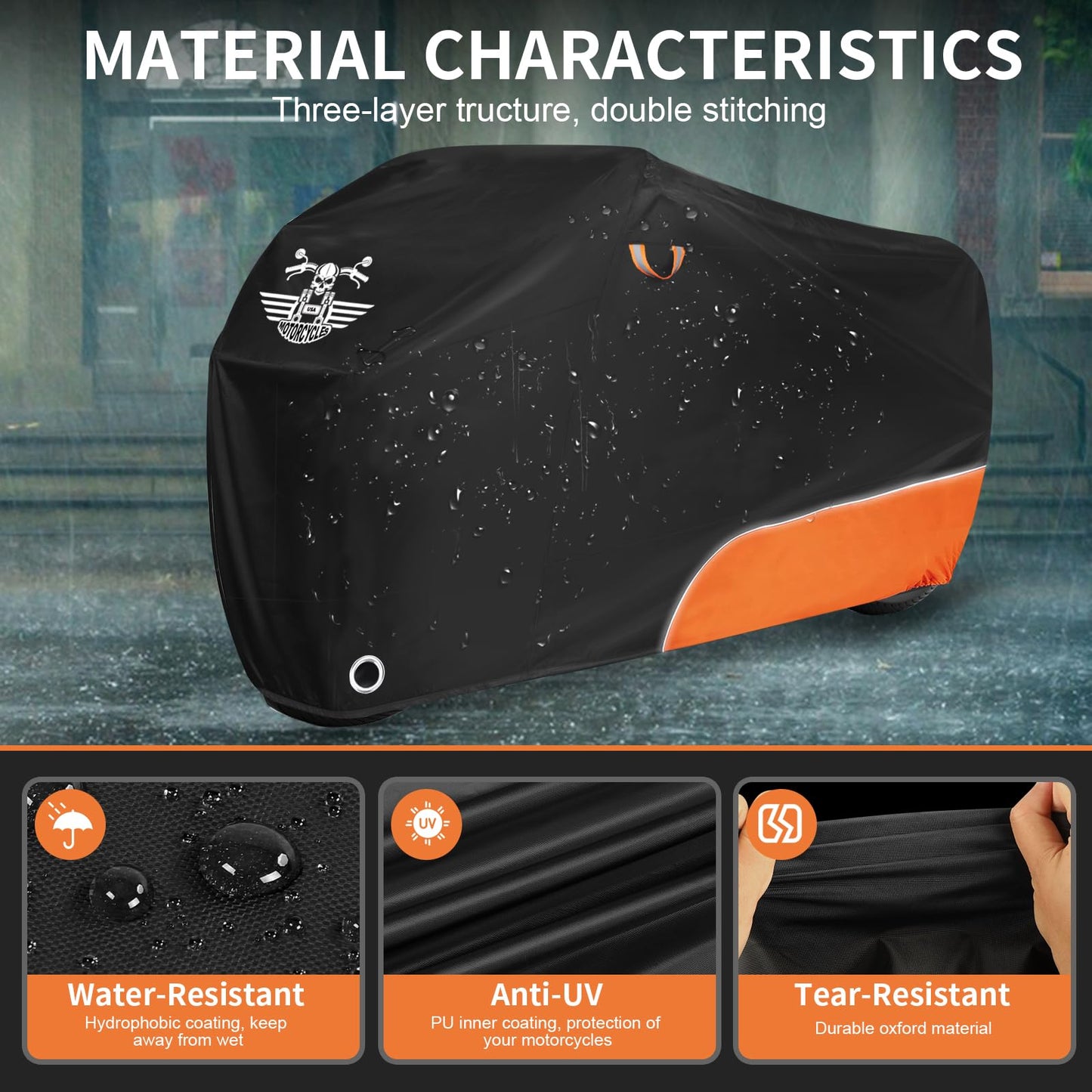 ROWYEET Motorcycle Cover Waterproof Outdoor Storage with Lock-Holes, Zipper Storage Bag & Night Reflective Design, All Season Protection Powersports Vehicle Covers Fits up to 104" Motorcycles