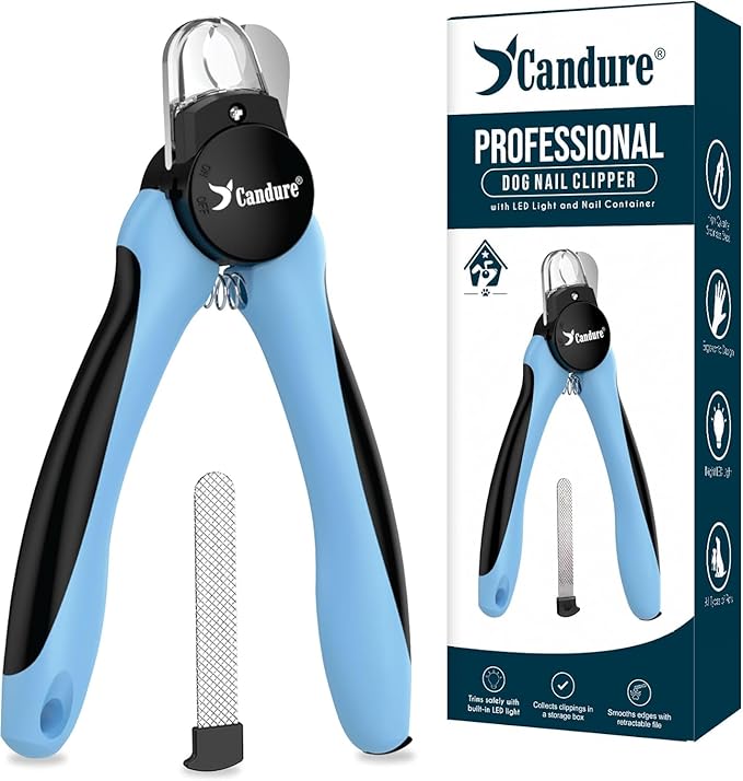 Candure LED Dog Nail Clippers with Light - Pet Nail Clippers with Light for Dogs & Cats, Sharp Stainless Steel Blades for Thick Nails, Safe Grooming Trimmer with Nail File (Sky Blue)