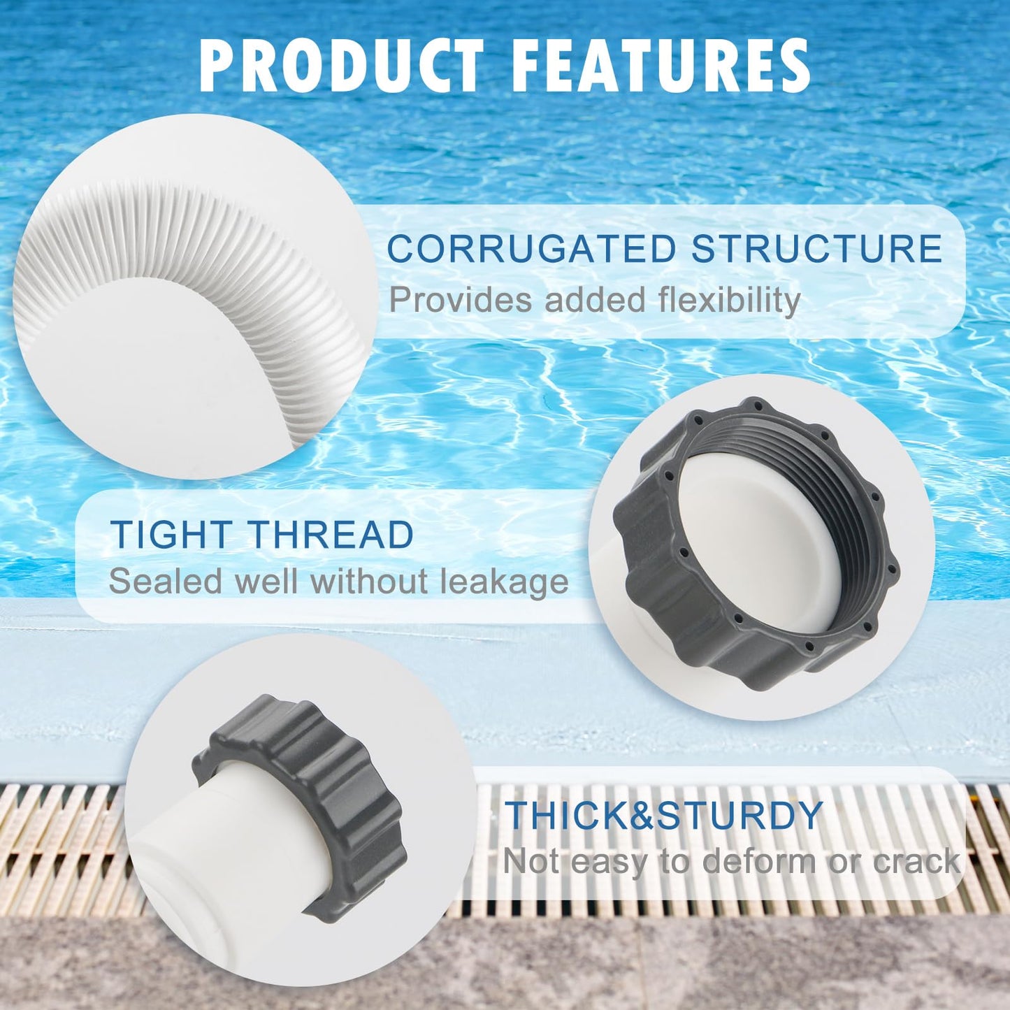 HOMNUTS Pool Hoses for Above Ground 1.5’’ Diameter 16" Long Accessory Swimming Pool Replacement Hose, 2 Pack Filter Pump Hose Compatible with Pump Models