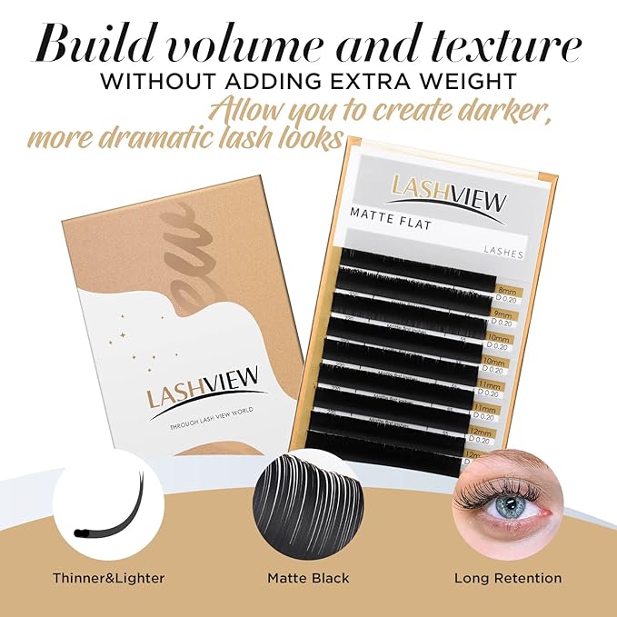 LASHVIEW Eyelash Extensions,Ellipse Flat Eyelash Extensions 0.15mm C Curl 8mm, Black,Individual Lashes,Super Matte Extremely Soft Professional Salon Use