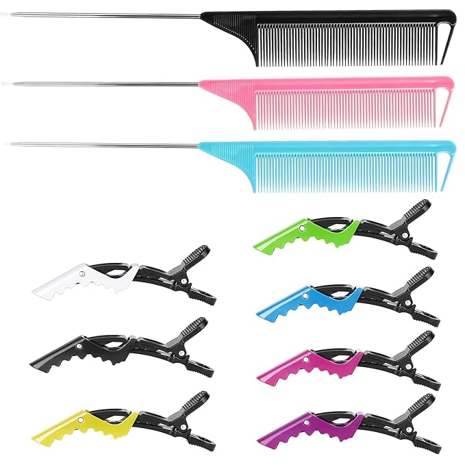 Rat Tail Comb Hair Clips Set: 3Pcs Rat Tail Combs, Hair Styling Combs for Women and 7 Professional Sectioning Hair Clips (BlackÃ¯Â¼ÂPinkÃ¯Â¼ÂBlue)