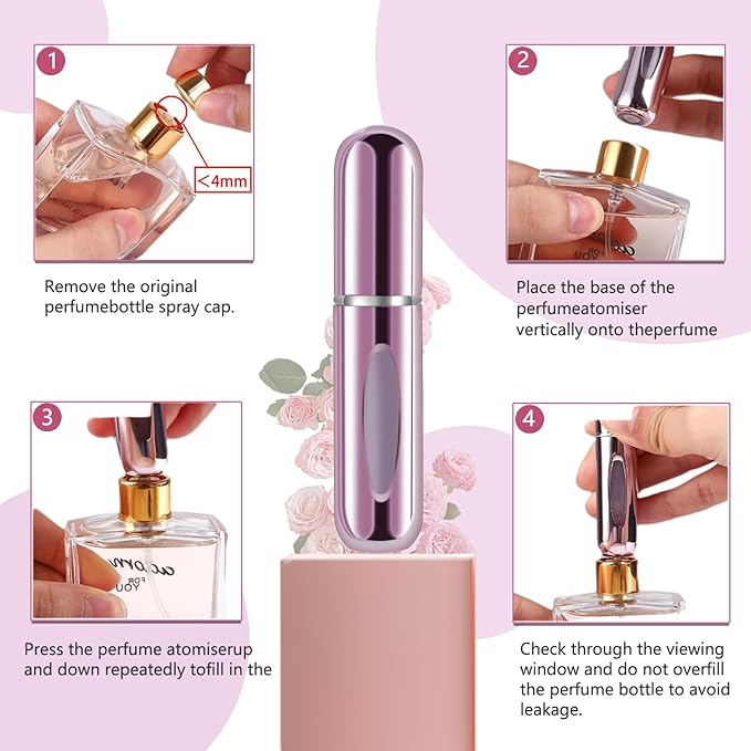 opasyo 4 Pcs Mini Refillable Perfume Portable Atomizer Bottle, 5ml Bottom-Fill Perfume Spray Scent Dispenser, Leak-Proof Travel Pump for Cologne, Aftershave & Purse (Silver/Pink/Blue/Black/)