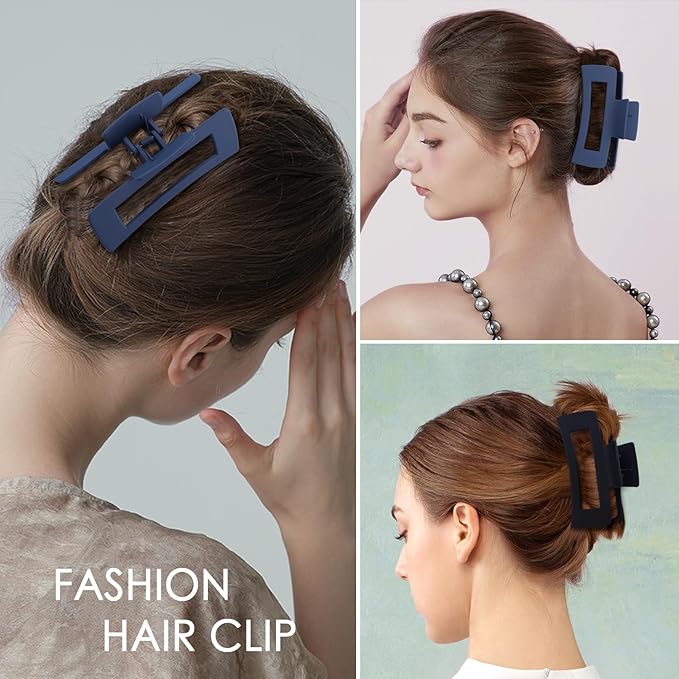8 Pcs Large Hair Claw Clips 4.1 Inch Non-slip Big Square Matte Hair Claws for Women, Strong Hold Banana Clip for Thick Thin Hair (Black/Blue)