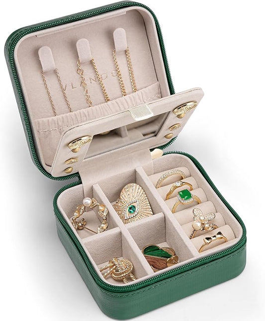 VLANDO Small Travel Jewelry Box Organizer - Girls Women Gift Rings Earrings Necklaces Jewelry Storage Display Case with Mirror Dark Green