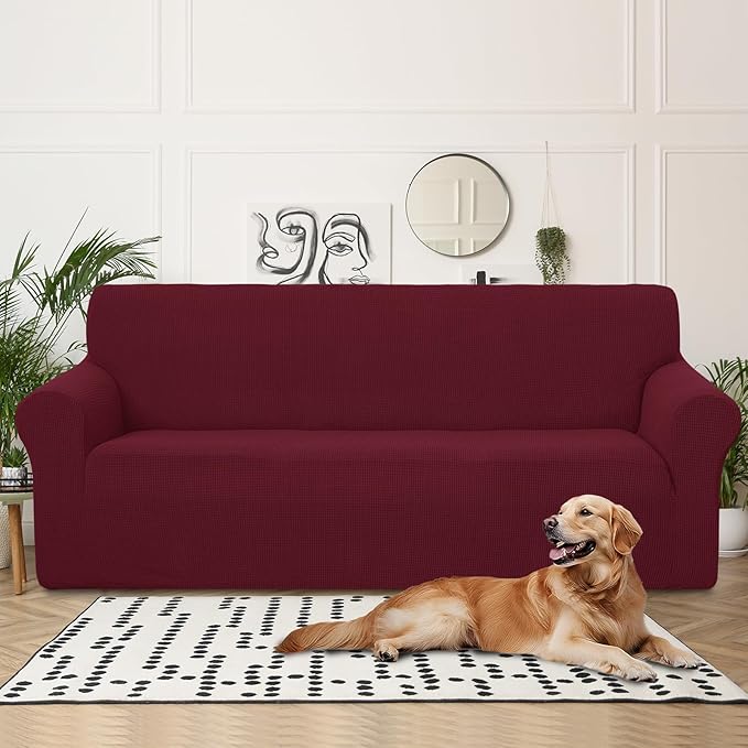U-NICE HOME 4 Seater Stretch Couch Cover Sofa Cover Washable Sofa Slipcover Furniture Protector for 3 Cushion Couch Sofa Pet Friendly, Burgundy