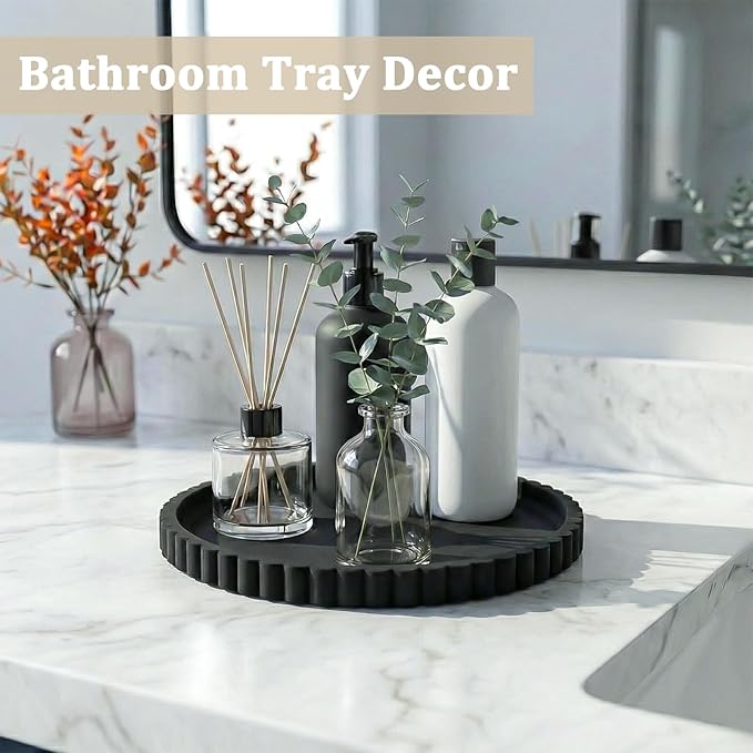 Silicone Bathroom Vanity Tray, Modern Round Decorative Tray for Countertop, Waterproof & Unbreakable Cosmetic Perfume Organizer, Extra-Thick & Sturdy, Easy to Clean Candle Tray (9 Inch, Black)