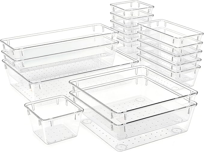 Clear Acrylic Drawer Organizer Trays, 5 Size Junk Box Organization Small Storage Container Bin for Desk Makeup Bathroom Vanity Kitchen Tool Make Up Workspace Home Dorm Apartment Office Room Nightstand