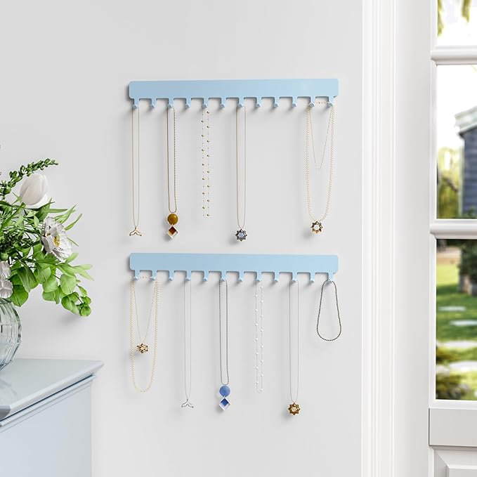 Necklace Organizer Wall Mount: Wall Necklace Hanger with Hooks for Tangle-Free Storage – Easy Access Wall Mounted Necklace Holder for Jewelry Display, Baby Blue