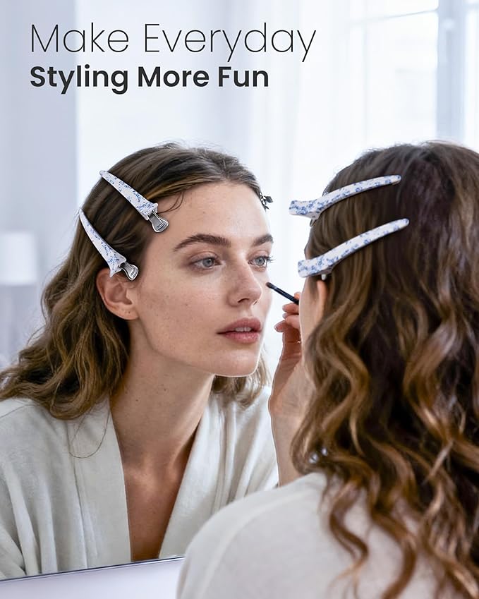 AIMIKE 4.8" Porcelia Qing Clips for Styling – Built-In Silicone Band Duckbill Hair Clips, No-Crease Non-Slip Sectioning Clips for Thick, Curly Hair, Ideal for Makeup, Hairstyling & Rollers, 4-Pack