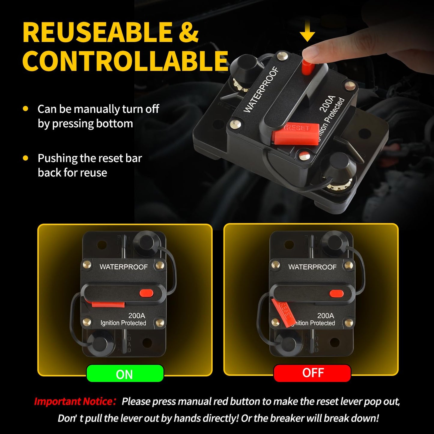 Bolipoeq 200Amp Circuit Breaker DC 12V-48V for Marine Boat Trolling Motor Automotive RV Trailer Car Solar System Battery Disconnect with Manual Reset Switch, IP67 Waterproof (Pack of 4)
