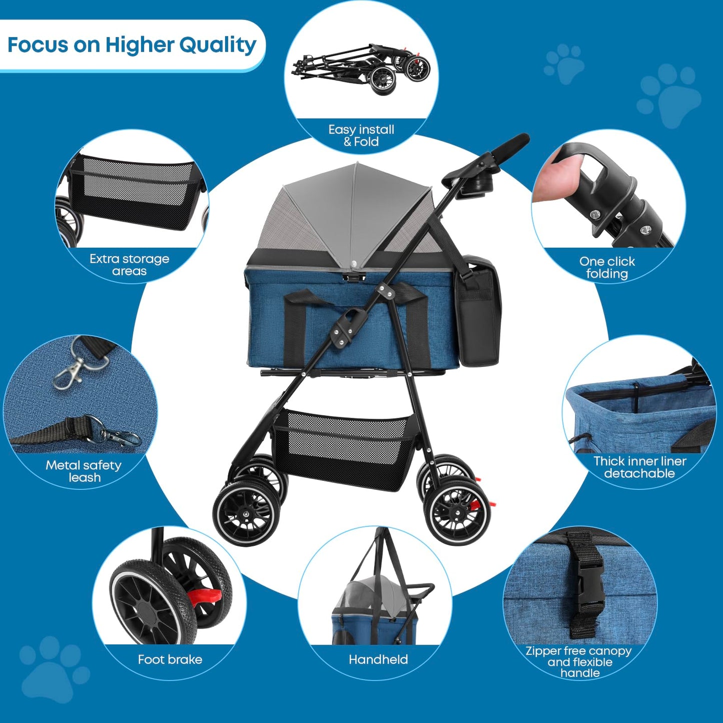 2-in-1 Foldable Pet Stroller with Canopy, 4 Wheels Pet Strolling Cart for Small/Medium Dogs and Cats with Removable Carrier,Breathable Mesh,Mom Tote Bag,Cup Holders,Easy Assembly,Grey+ Green