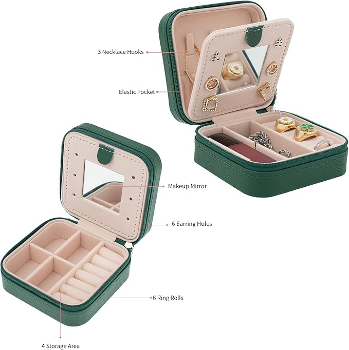 KElofoN Travel Jewelry Case with Mirror - Small Organizer Box for Girls & Women (Green-5)