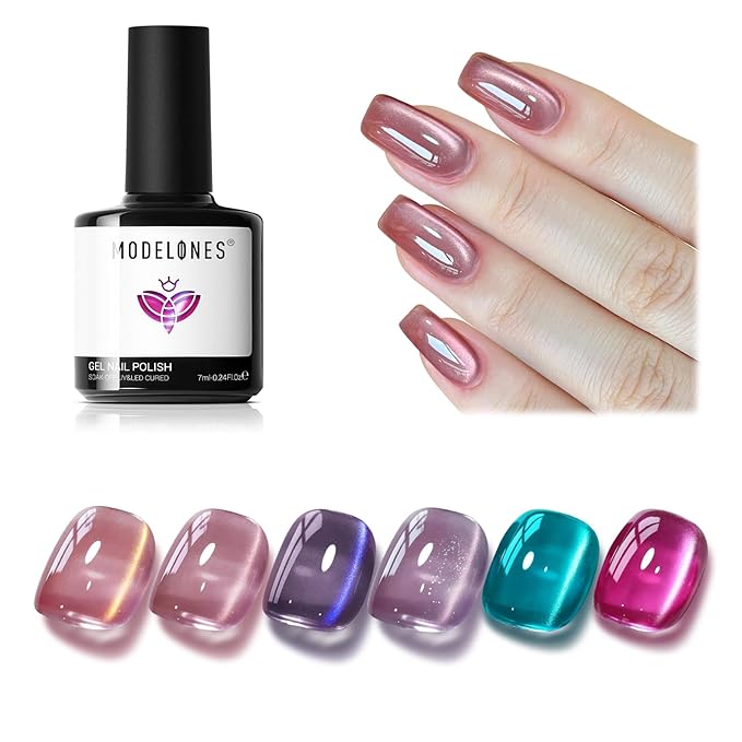 Modelones Cat Eye Gel Nail Polish Set, 6 Colors Coloful Neon Galaxy Champagne Lake Blue Grape Purple Gold Brown Hot Pink 9D Glassy Cat Eye Glitter Gel Polish with Magnet LED Soak Off Manicure Gift