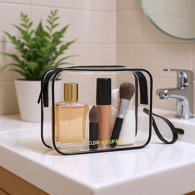 Clear Makeup Bag,2 Pack TSA Approved Toiletry Bag Travel Toiletry Bag Hanging Makeup Cosmetic bag for Women Men (Black).