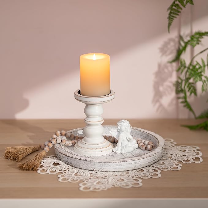 Romadedi Rustic Wooden Tray Candle Holder - Round Wood Decorative Pillar Candle Tray for Coffee Table Farmhouse Kitchen Countertop Organizer Home Decor Wedding Centerpiece, Distressed White