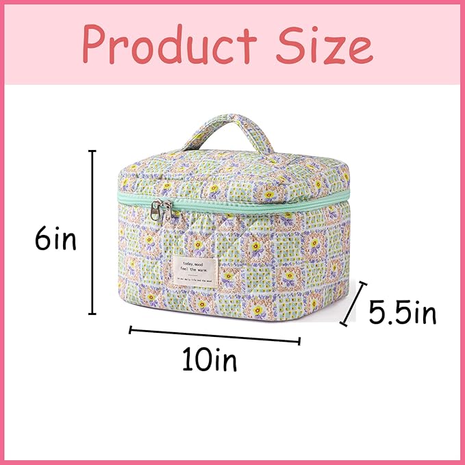 uekeboag Large Travel Quilted Makeup Bag for Women, Floral Cotton Cosmetic Bag, Coquette Aesthetic Floral Toiletry Organizer Bag
