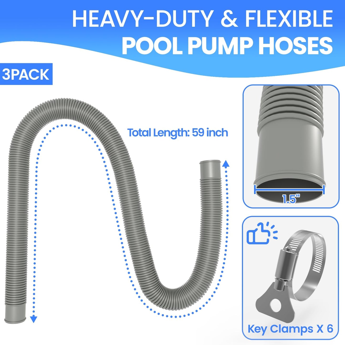 Poolvio 1.5" x 59" Above Ground Pool Hoses, 3-Pack, Gray- Heavy Duty UV Resistant Leak-Proof Replacement Hoses with 6 Metal Thumb Clamps, Perfectly Fits Intex Filter Pumps & Pool Surface Skimmers