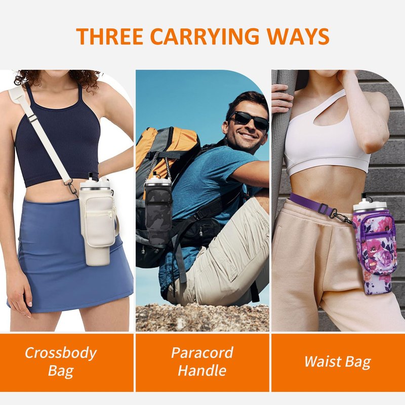 AceTreker Water Bottle Sleeve Bag for Stanley 30/40 oz Tumbler with Handle & 2 Pockets, Neoprene Metal Travel Coffee Mug Carrying Sling Accessories-Purple