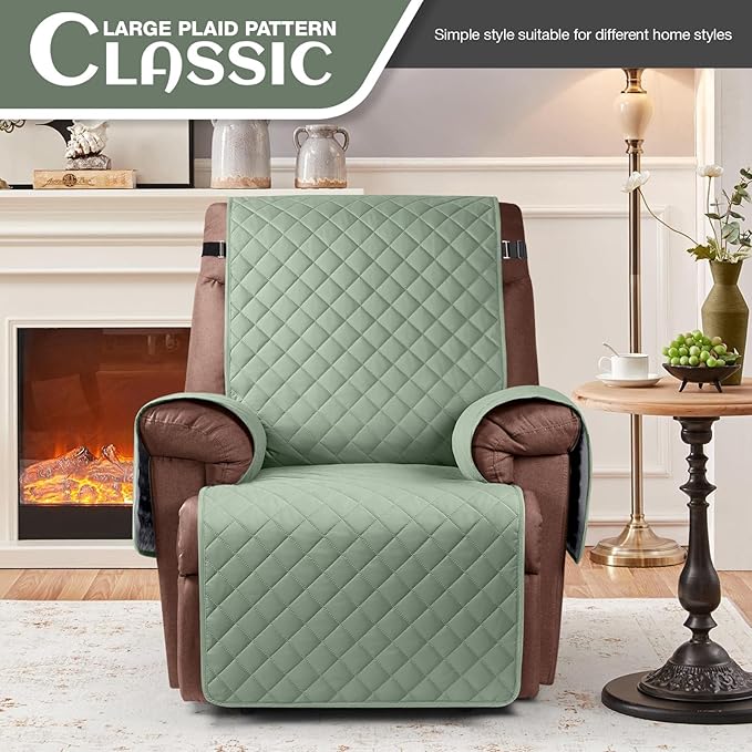 KinCam 100% Waterproof Recliner Chair Cover, Reclining Couch Covers for Pets, Dogs, Recliner Couch Slipcover Furniture Protector with Elastic Straps for Kids(23.6", Sage Green)