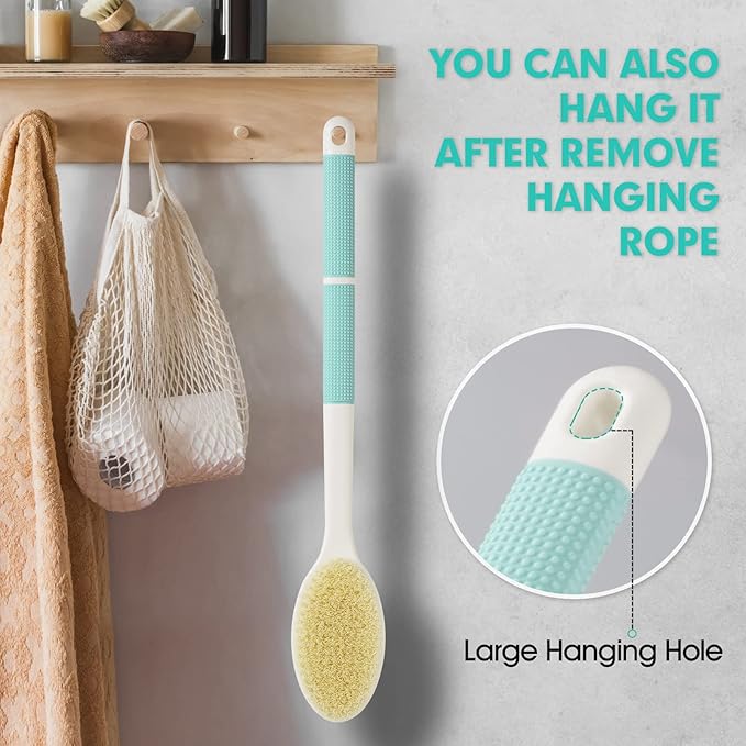 Backski Back Scrubber Anti Slip for Shower,Back Brush Long Handle with Soft and Stiff Bristles,Body Scrubber for Bath or Dry Brush(Green)