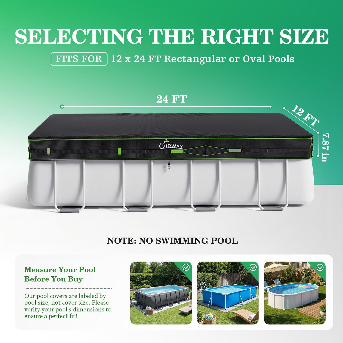 UIRWAY 500D Pool Cover 12x24FT Rectangular [2026 Upgraded Heavy Duty Fabric] Solar Pool Covers for Above Ground Pools, Swimming Pool Covers Including Windproof Straps and Luminous Ground, UV Resistant