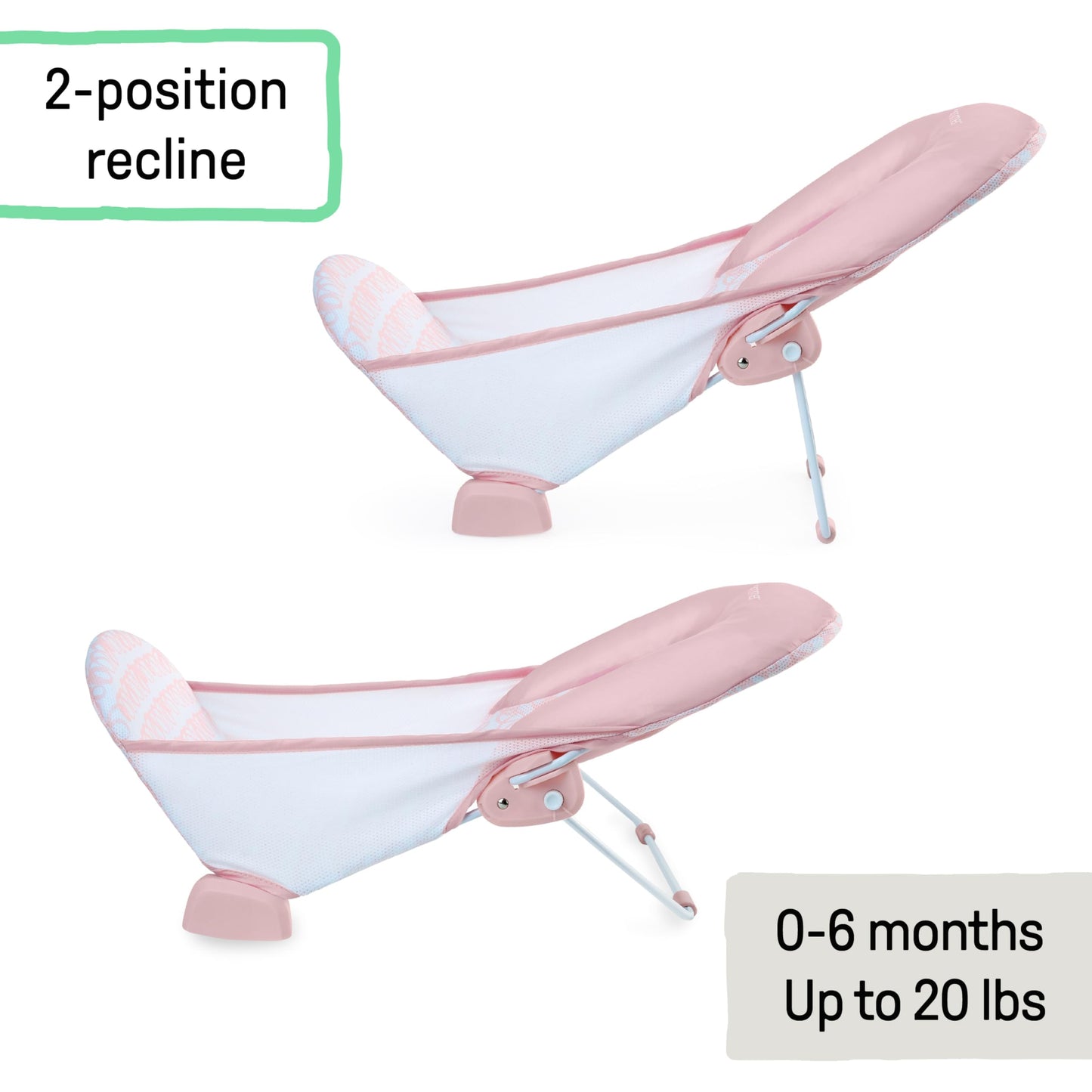 Ingenuity Foldaway 2-Position Bather, 2-Position Adjustable Support Baby Bath seat for Sink or Bathtub, Ages 0-6 Months, up to 20 pounds, Pink