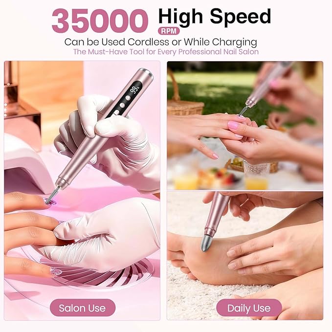 Cordless Nail Drill 35000RPM, Portable Electric Nail File for Acrylic Gel Nails, Professional Manicure Pedicure Kit, Rechargeable Pedicure Tools for feet with LCD Display, Low Noise Low Vibration