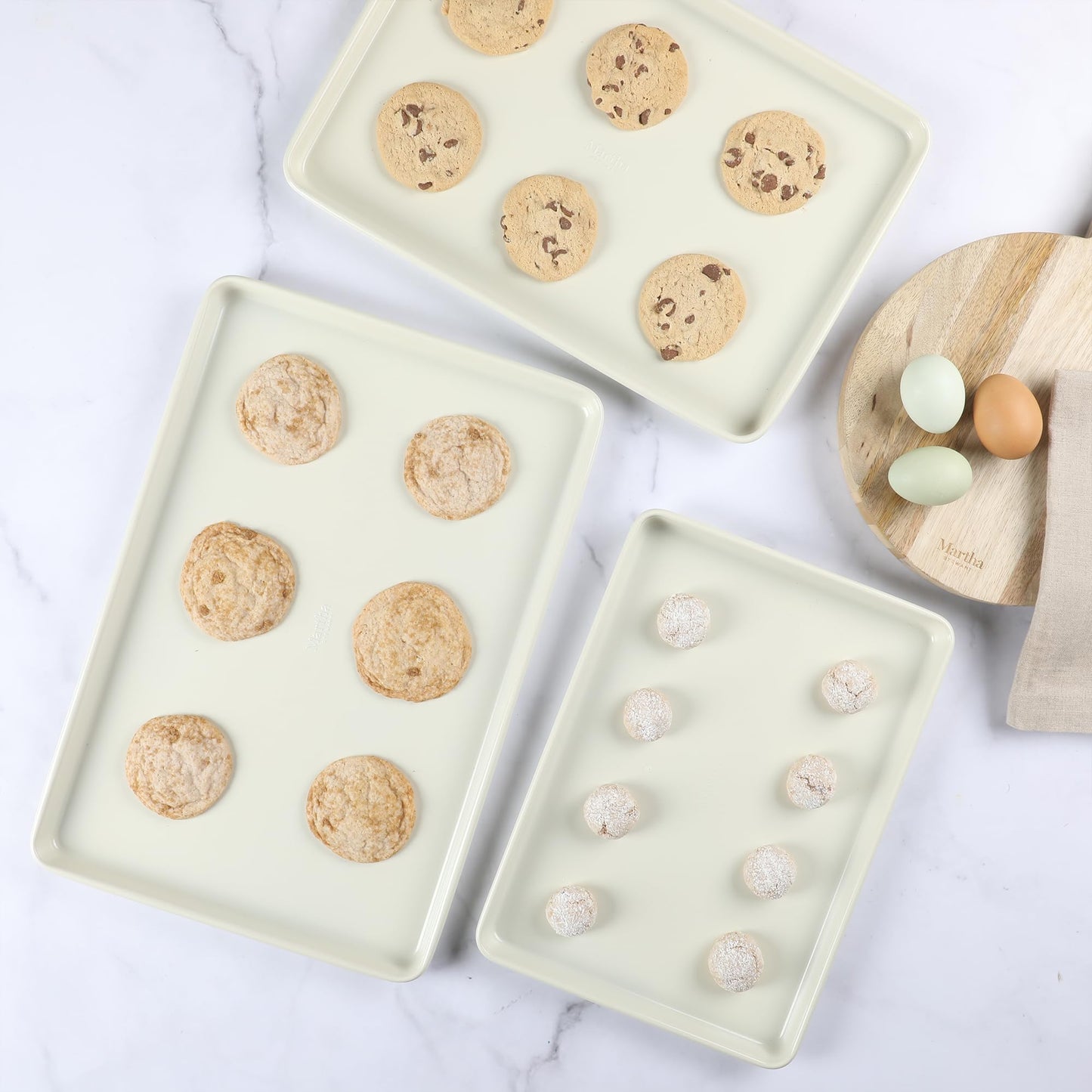 Martha Stewart Gallen 3-Piece Cookie Sheet Set – 13", 15", 17" Baking Pans, Ceramic Nonstick, PFA-Free, Carbon Steel – Oven Safe to 450°F, Warp-Resistant, Easy to Clean - Linen White