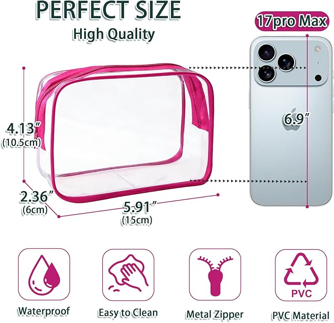 18 Pieces Small Clear Makeup Bags Bulk, TSA Approved Toiletry Bag PVC Clear Cosmetic Pouch with Zipper, Waterproof Vinyl Plastic Organizer Case for for Women Carry-on Travel Essentials (Rose Red)