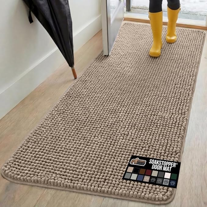 GORILLA GRIP SoakSTOPPER Dog Door Mat, 70x24 Machine Washable Rug Absorbent Doormat Captures Moisture Mud Dirt, Quick Dry Soft Chenille Entryway Rugs Indoor Entrance Mats for Dog Paws, Beige