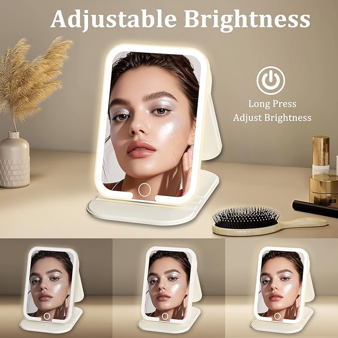 Rechargeable Travel Mirror with Light, LED Makeup Mirror with Lights, Portable Vanity Mirror with 3 Color Lighting, Touch Dimmable Lighted Cosmetic Mirror, Travel Essentials for Women (Beige)