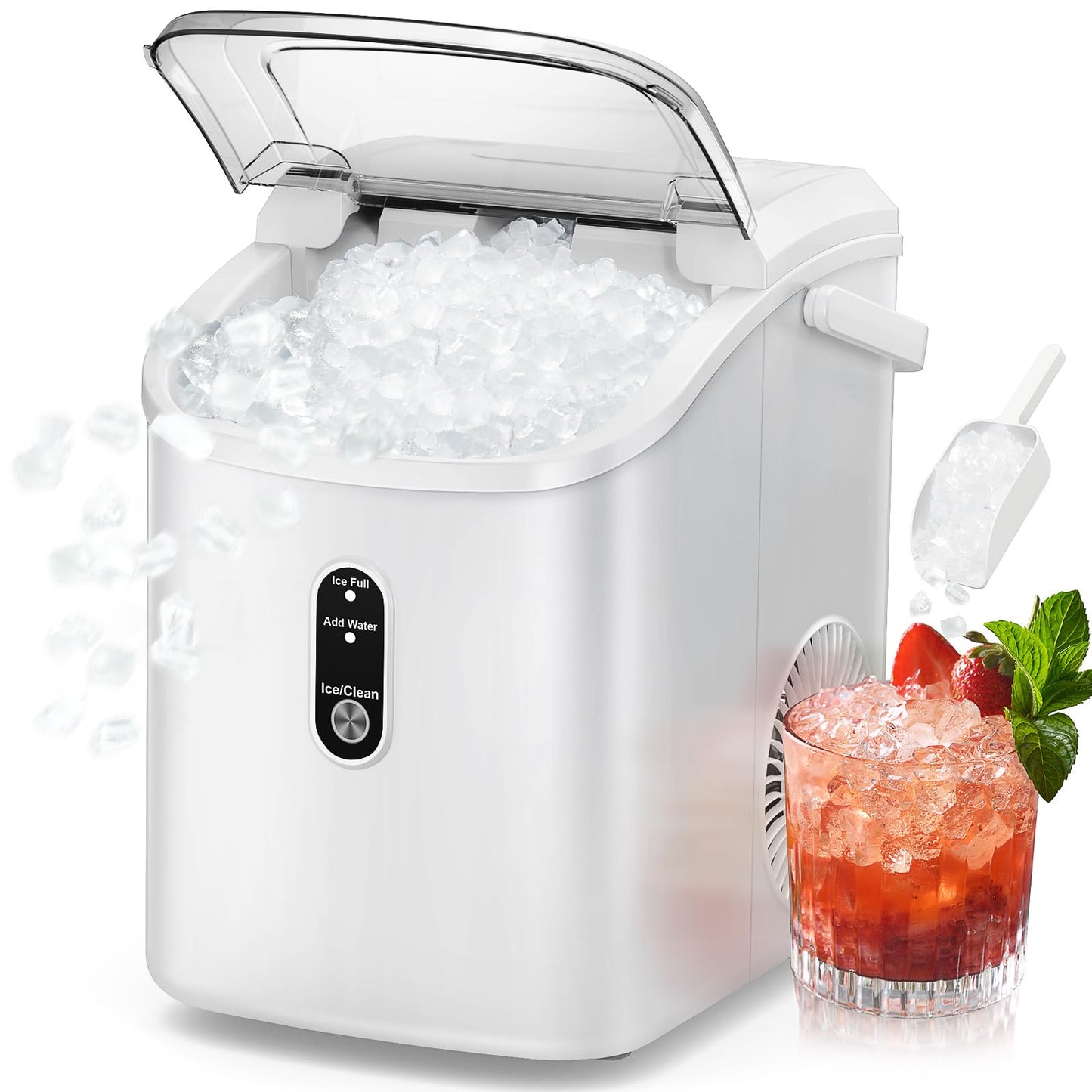 FREE VILLAGE Nugget Ice Makers Countertop, Pebble Ice Maker Machine with Soft Chewable Ice, 34Lbs/Day, Self-Cleaning, One-Click Operation, Pellet Ice Maker with Ice Scoop for Home Kitchen Office Bar