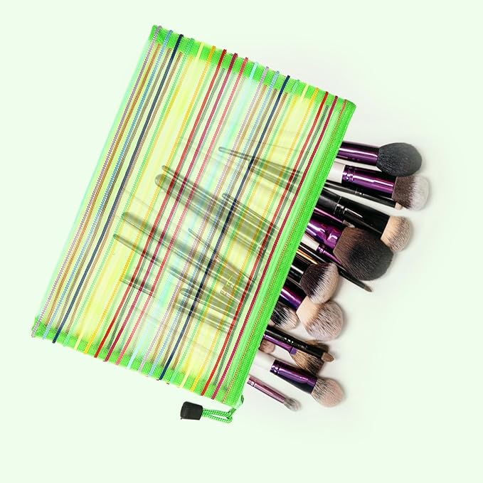 Mesh Bags with Zipper (6 Pack), Nylon Makeup Bag Cosmetic Pouches Travel Organizer Case for Purse Diaper Bag Home Organizing Striped Multi Size Green