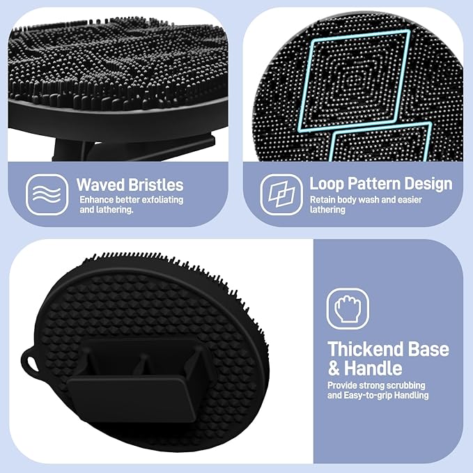 Silicone Body Scrubber for Shower, Hygienic Silicone Loofah with Waved Bristles and Non-Slip Handle, Durable Body Buffer Shower Scrubber for Gentle Exfoliating & Lathering(Black)